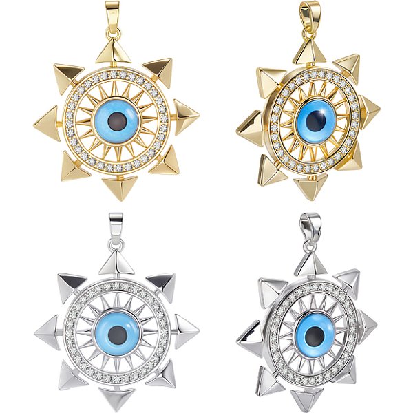 8Pcs 2 Colors Brass Micro Pave Cubic Zirconia Pendants, With Glass, Sun & Evil Eye, Mixed Color, 33X30.5X5.5Mm, Hole: 5X2.5Mm, 4Pcs/Color-image