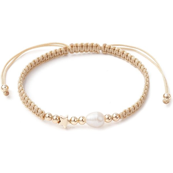 Brass & Natural Pearl Braided Bead Bracelets, Adjustable Bracelet, Star, Inner Diameter: 1-3/4-3-1/2 Inch(4.6-8.8Cm)-image
