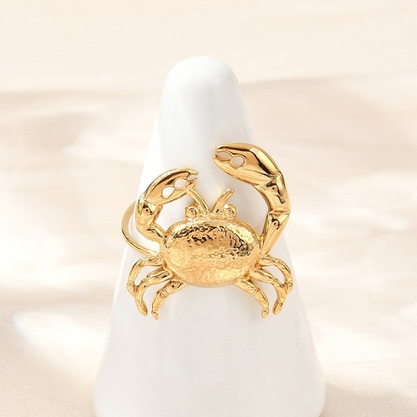 304 Stainless Steel Open Cuff Rings For Women, Crab, Real 18K Gold Plated, 21X20Mm, Inner Diameter: 18Mm-image