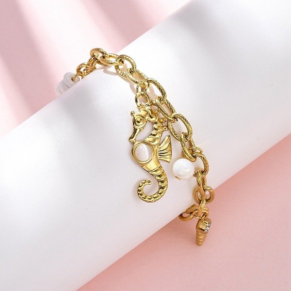 304 Stainless Steel Rhinestone Charm Bracelets, With White Shell & Plastic Ppearl & Cat Eye, Ion Plating(Ip), Sea Horse, Real 18K Gold Plated, 6-3/4 Inch(17Cm)-image