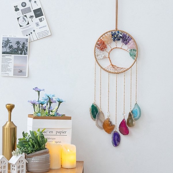 Tree Of Life Natural Mixed Gemstone & Agate Woven Net Suncatchers, Chakra Theme Hanging Pendant Decorations With Glass Beaded, 660Mm-image