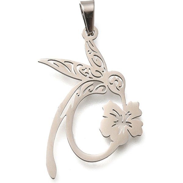 Pendentifs En Acier Inoxydable 304, Oiseau Avec Breloque Fleur, Coupe Au Laser, Couleur Inoxydable, 33X22X1Mm, Trou: 6X3Mm-image