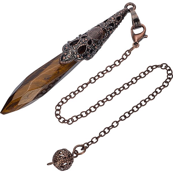 Natural Tiger Eye Cone Dowsing Pendulum Big Pointed Pendants, with Red Copper Tone Brass Findings, 255-260mm, Hole: 1.8mm