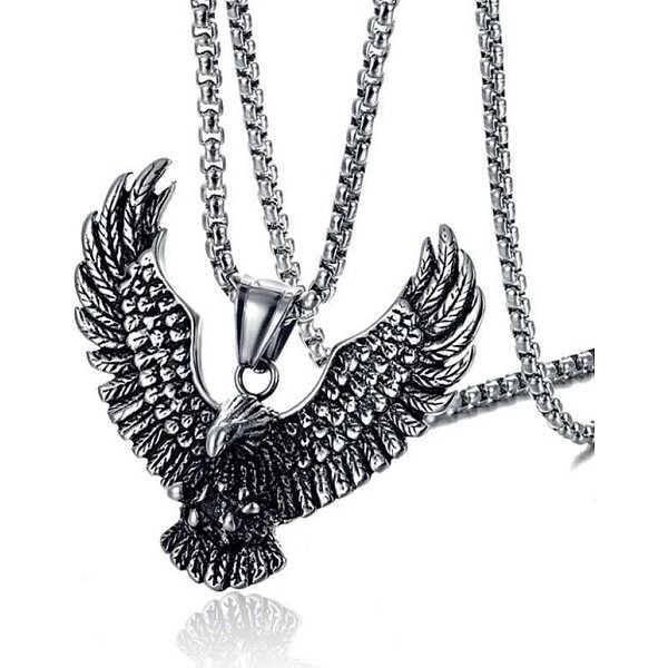 Halsketten Mit AdleranhäNger Aus Edelstahl, Box Kette Halskette FüR MäNner, Antik Silber Farbe, 23.62 Zoll (60 Cm), AnhäNger: 42X48 Mm-image
