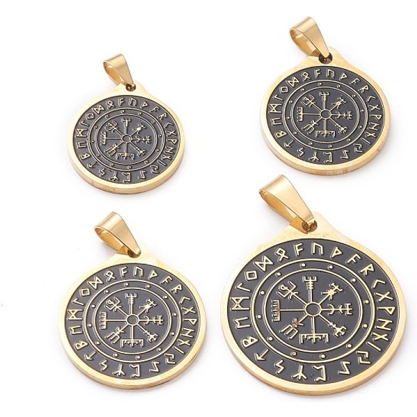 Pendentifs en acier inoxydable 304 émaillé de tailles mixtes, boussole viking avec runes / futhark / futhorc, noir, or, 28-43x25-38x2-2.5mm, Trou: 4-6x8-13mm