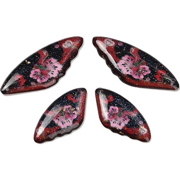 4Pcs 4 Arten Transparente Epoxidharz-AnhäNger, FlüGel Mit Blumenmuster, Mit Pailletten Und Goldfolie, Dunkelrot, 29-39X14 - X 2.5 Mm, Bohrung: 1 Mm-image