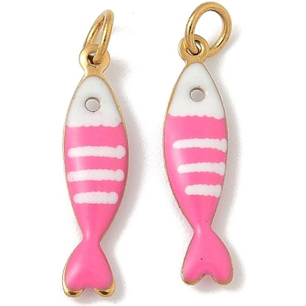 Pendentifs en acier inoxydable 304 émaillés, charme de poisson sardine, avec anneau de jonction, placage ionique (ip), véritable 18k plaqué or, rose chaud, 18.5x5x2mm, Trou: 3mm