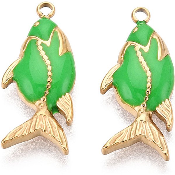 Colgantes De Esmalte De Acero Inoxidable 304, Pez, Revestimiento De Iones (Ip), Real 18K Chapado En Oro, Verde Lima, 21X9X2Mm, Agujero: 1.5 Mm-image