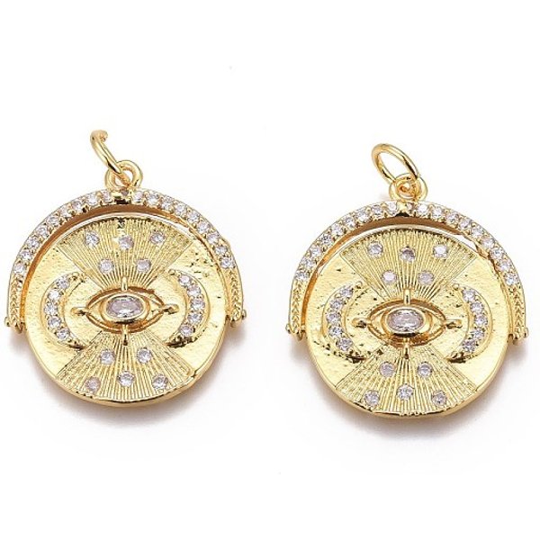 Pendenti In Zirconi Cubici Trasparenti In Micro Pavè Di Ottone, Placcato Di Lunga Durata, Piatta E Rotonda Con Occhi, Vero Placcato Oro 18K, 21X19X2Mm, Foro: 3 Mm-image