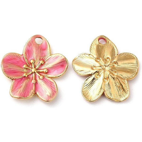 304 Stainless Steel Enamel Pendants, Real 18K Gold Plated, Flower Charm, Deep Pink, 24.5X22.5X2.5Mm, Hole: 2.5Mm-image