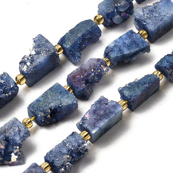 Electroplated Natural Druzy Agate Beads Strands, Rectangle, With Seed Beads, Marine Blue, 15-16.5X7.5-9.5X7.5-12Mm, Hole: 1Mm, About 10Pcs/Strand, 7.36''-7.48''(18.7-19Cm)-image