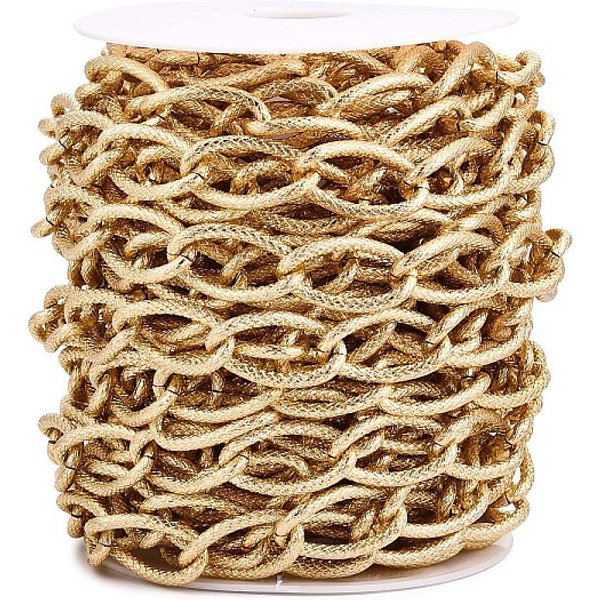 Cadenas de bordillo con textura de aluminio, sin soldar, con carrete, dorado, 27.5x15x3mm, aproximadamente 32.81 pie (10 m) / rollo