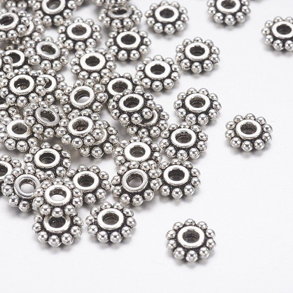 Distanzringe Aus Tibetischer Legierung, Bleifrei Und Cadmium Frei, Blume, Antik Silber Farbe, 6.5 Mm, Bohrung: 2 Mm-image