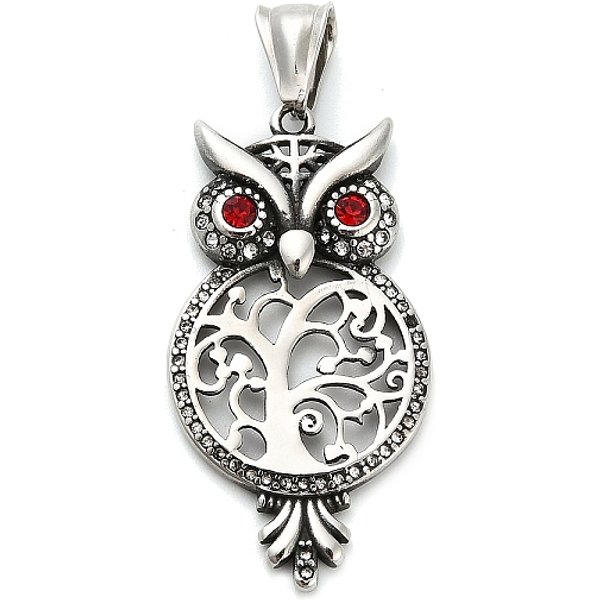 316 Surgical Stainless Steel Pendants, with Rhinestone, Owl Charms, Antique Silver, 42x22x4.5mm, Hole: 9x4mm