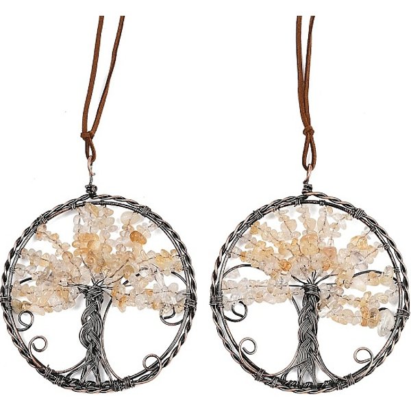Brass & Natural Yellow Quartz Chips Pendant Decorations, Flat Round With Tree Of Life Hanging Ornaments, 390-400Mm-image