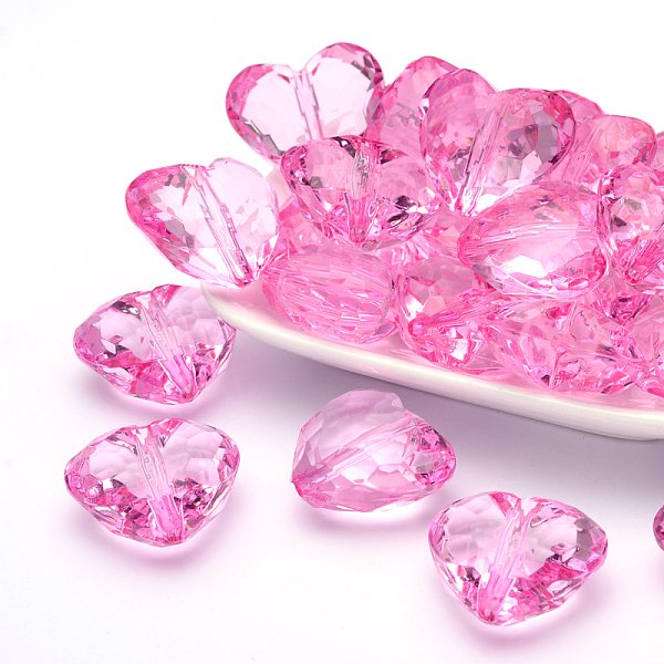 Perles En Acrylique Transparente, Coeur à Facettes, Rose Chaud, Longueur D'environ 25 Mm , Largeur De 28.5 Mm, éPaisseur De 16Mm, Trou: 3Mm-image