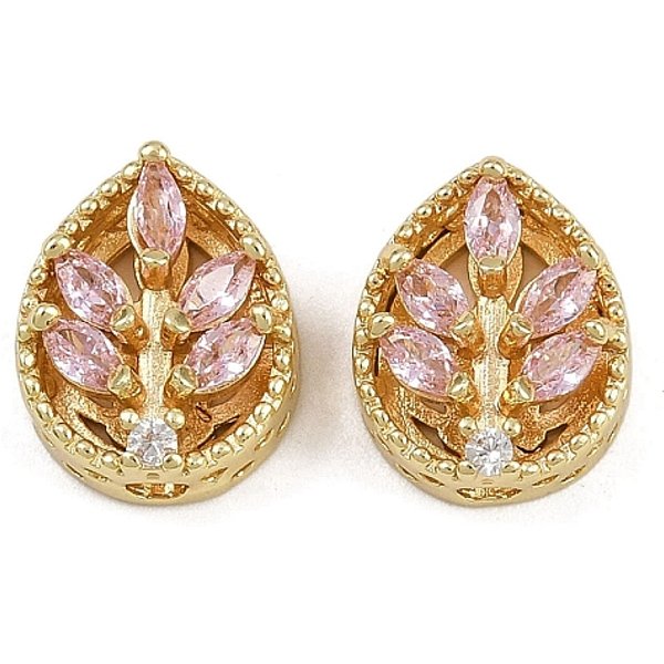 MehrsträNgige Glieder Aus Messing Mit Pavé-Kubikzirkonia, Langlebig Plattiert, Blatt, Golden, Rosa, 12X10X6 Mm, Bohrung: 2 Mm-image