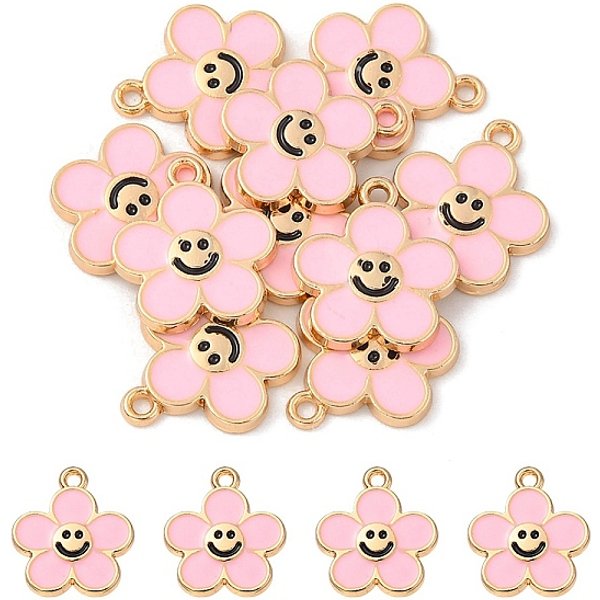 Alloy Enamel Pendants, Golden, Flower With Smiling Face Charm, Misty Rose, 15X14X2Mm, Hole: 1.4Mm-image
