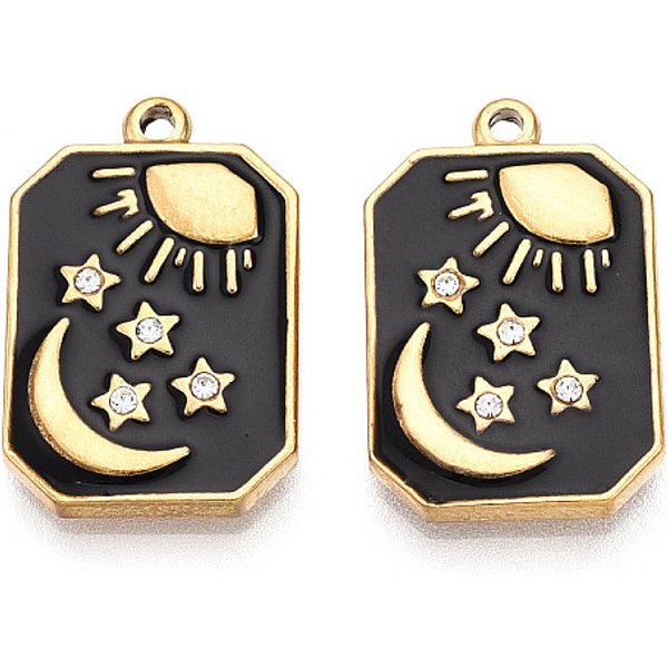 Ion Plating(Ip) 304 Stainless Steel Pendants, With Enamel & Rhinestone, Rectangle Sun Moon Star Charms, Real 18K Gold Plated, Black, 20X13X2.5Mm, Hole: 1.4Mm-image