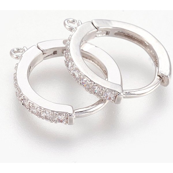 Brass Micro Pave Cubic Zirconia Huggie Hoop Earring Findings, Clear, Platinum, 16X14X2Mm, Hole: 1Mm, Pin: 1Mm-image
