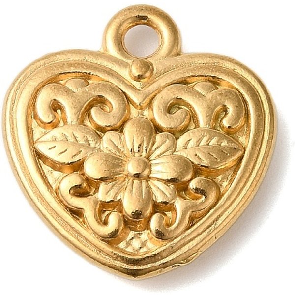 Placcatura Ionica (Ip) Ciondoli In Acciaio Inossidabile 304, Cuore Con Ciondoli Floreali, Vero Placcato Oro 18K, 20X19X4.5Mm, Foro: 2 Mm-image
