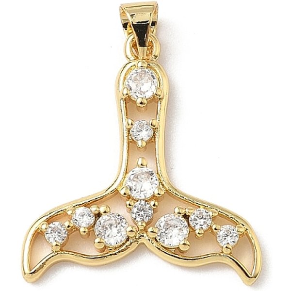 Brass Micro Pave Cubic Zirconia Pendants, Fishtail, Cadmium Free & Lead Free, Real 18K Gold Plated, 24X22X3Mm, Hole: 4X4Mm-image