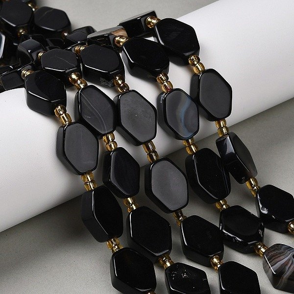 Natural Black Agate Beads Strands, Dyed & Heated, Hexagon, with Seed Beads, 17.5-19.5x14-15x5-7mm, Hole: 2mm, about 16pcs/strand, 15.35''(39cm)