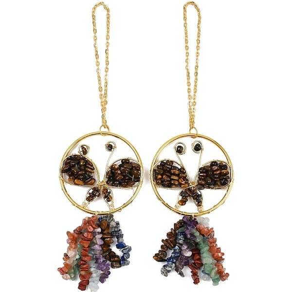 Butterfly Brass & Natural Tiger Eye Pendant Decorations, Chakra Gemstone Chip Tassel Hanging Ornaments, 235-240Mm-image