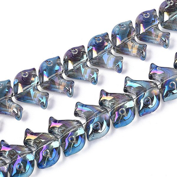 Electroplate Transparent Glass Beads Strands, Dolphin, Half Plated, Cadet Blue, 10.5x15.5-16x7-7.5mm, Hole: 0.9-1mm, about 69-71pcs/strand, 24.02-24.41 inch(61-62cm)