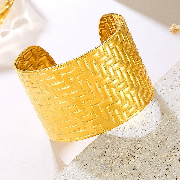Braided 304 Stainless Steel Cuff Bangles For Women, Real 18K Gold Plated, Inner Diameter: 2-3/8 Inch(6.05Cm)-image