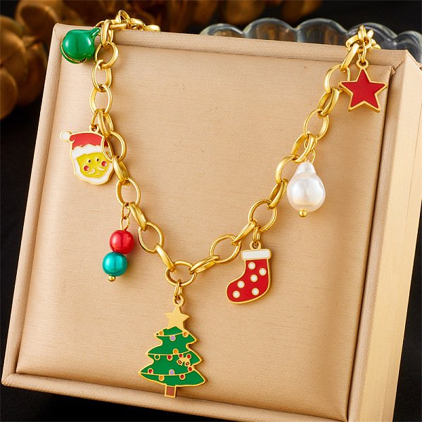 304 Stainless Steel Enamel & Plastic Christmas Tree Santa Claus Pendant Necklaces For Women, Green And Red, Golden, 15.94 Inch(40.5Cm)-image