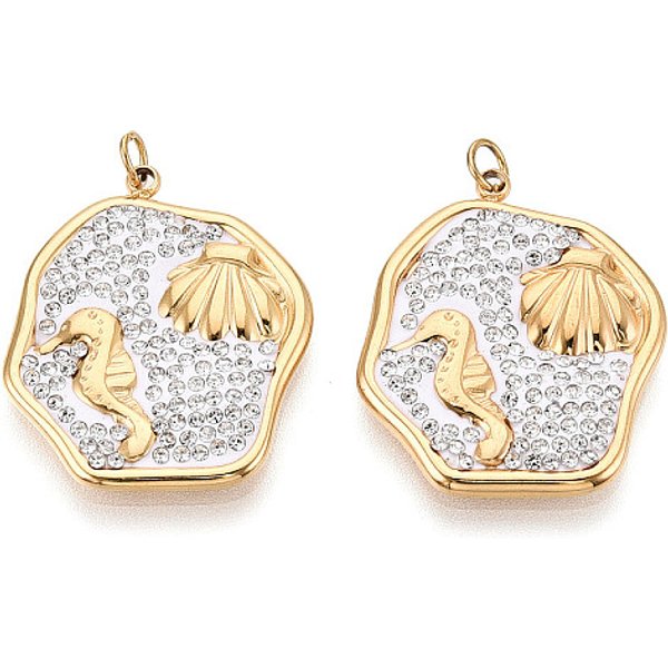 304 Stainless Steel And Polymer Clay Crystal Rhinestone Pendants, With Jump Ring, Ion Plating(Ip), Real 18K Gold Plated, Shell Shape, 24.5X19.5X2Mm, Hole: 2.8Mm-image