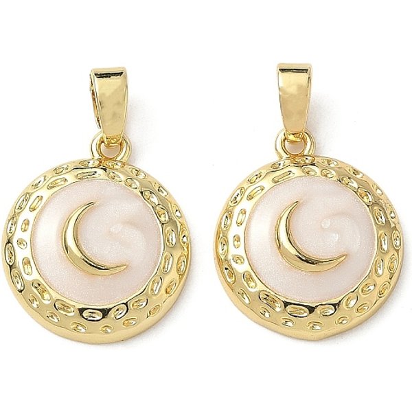 Colgantes De Esmalte De LatóN, Colgante Plano Redondo Con Luna, Real 18K Chapado En Oro, Blanco, 16X14X4Mm, Agujero: 2.5X5 Mm-image