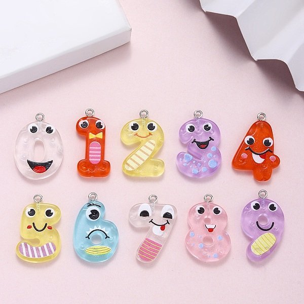 Luminous Transparent Resin Pendants, Number Charm, With Platinum Iron Loop & Glitter Powder, Glow In The Dark, Mixed Color, 29-30X16-21X4.5Mm, Hole: 2.2Mm-image