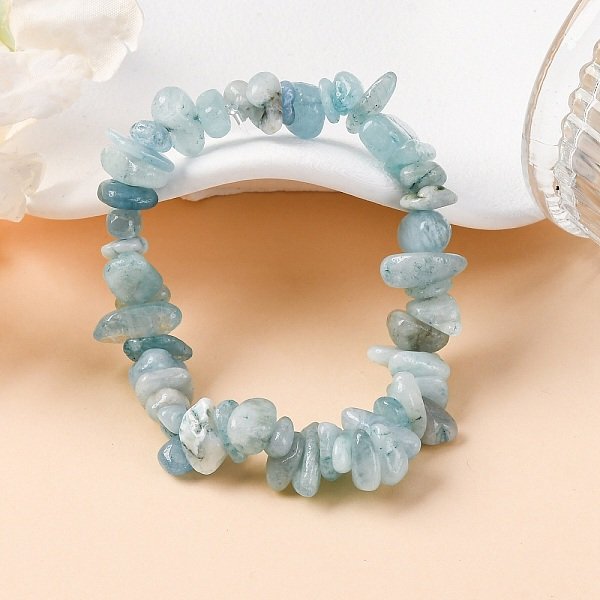 Unisex Chip Natural Aquamarine Beaded Stretch Bracelets, Inner Diameter: 1-3/4-2 Inch(4.5-5Cm)-image