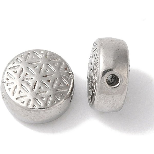 AnlaufgeschüTzte Perlen Aus Edelstahl 304, Flach Rund Mit Blume, Edelstahl Farbe, 6.5X3.5 Mm, Bohrung: 1 Mm-image
