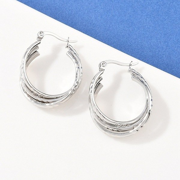 304 Stainless Steel Triple Twist Ring Stud Earrings, Manual Polishing, Stainless Steel Color, 29x24x8.5mm