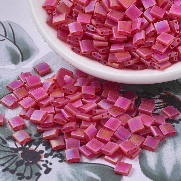 Miyuki Tila Beads, Japanese Seed Beads, 2-Hole, (TL140FR) Matte Transparent Red Orange Ab, 5X5X1.9Mm, Hole: 0.8Mm, About 118Pcs/10G-image