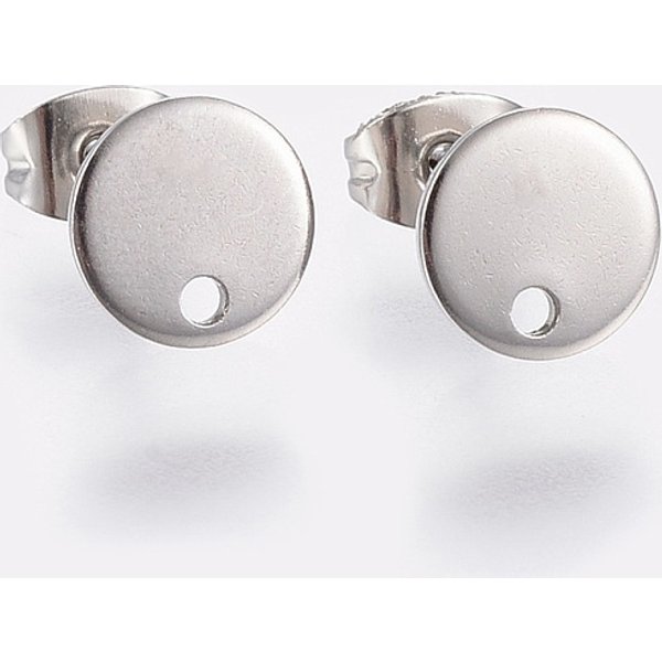 Non-Tarnish 304 Stainless Steel Stud Earring Findings, With Loop And Flat Plate, Ear Nuts/Earring Backs, Flat Round, Stainless Steel Color, 10X1Mm, Hole: 1.2Mm, Pin: 0.8Mm-image