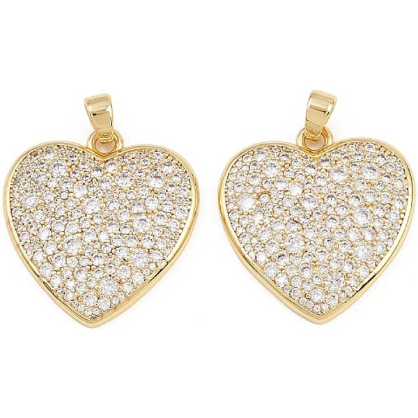 Brass Micro Pave Cubic Zirconia Pendants, Heart Charms, Rack Plating, Cadmium Free & Lead Free, Long-Lasting Plated, Real 18K Gold Plated, Clear, 28x27x4mm, Hole: 6x4mm