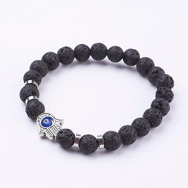 Bracciali Elasticizzati In Roccia Lavica Naturale, Con I Legami In Stile Tibetano E Il Perline Rotondo Lampwork Occhio, Mano Di Hamsa / Mano Di Fatima / Mano Di Miriam, 2-1/8 Pollice (54 Mm)-image