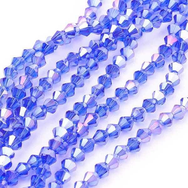 Glass Beads Strands, Ab Color Plated, Faceted, Bicone, Dodger Blue, 4X4Mm, Hole: 1Mm, About 80-85Pcs/Strand, 30-32Cm-image