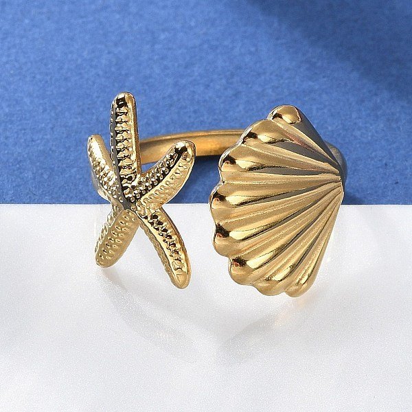 304 Stainless Steel Starfish & Shell Open Cuff Rings For Women, Real 18K Gold Plated, Inner Diameter: 18Mm-image