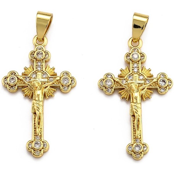 Pendenti In Zirconi Cubici Trasparenti In Micro Pavè Di Ottone, Placcato Di Lunga Durata, Croce, Vero Placcato Oro 18K, 33X19X4.5Mm, Foro: 3.5X5.5 Mm-image