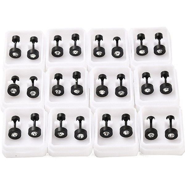 Tapones para los oídos falsos con cristales de imitación redondos y planos, Pendientes de acero inoxidable 304 con forma de tornillo para mujer, negro, 6mm, pin: 1 mm