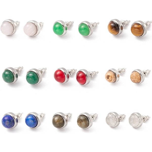 Natürlichen Edelstein Halb runde Bolzenohrringe, 304 Edelstahlschmuck für Damen, Edelstahl Farbe, 10 mm, Stift: 0.8 mm