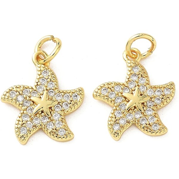 Brass Micro Pave Cubic Zirconia Charms, with Jump Ring, Golden, Starfish, 14.5x13.5x2.5mm, Hole: 3.5mm