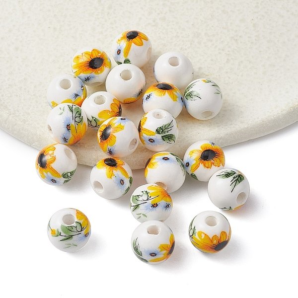 Handmade Porcelain Beads, Round With Sunflower Pattern, Yellow, 10Mm, Hole: 2Mm-image