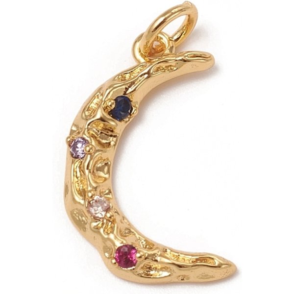 Brass Micro Pave Colorful Cubic Zirconia Textured Pendants, with Jump Rings, Long-Lasting Plated, Moon, Golden, 19.5x12x3mm, Jump Ring: 5x0.7mm, Inner Diameter: 3.6mm