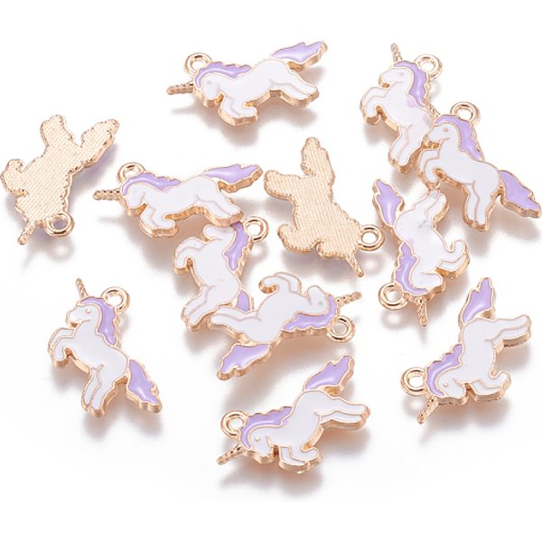 Alloy Enamel Pendants, Unicorn, Light Gold, Lilac, 20X15X1.5Mm, Hole: 1Mm-image